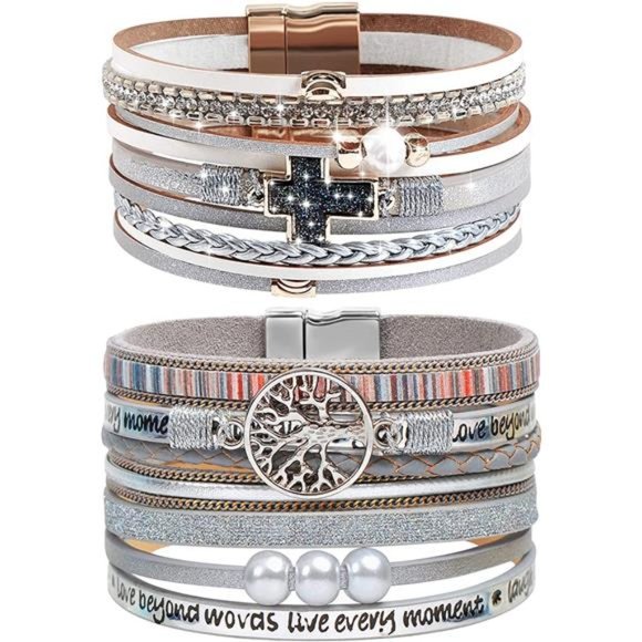 Boho Leather Wrap Cuff Bracelets for Women, Birthday Gifts for Teen Girls - Picture 4 of 6